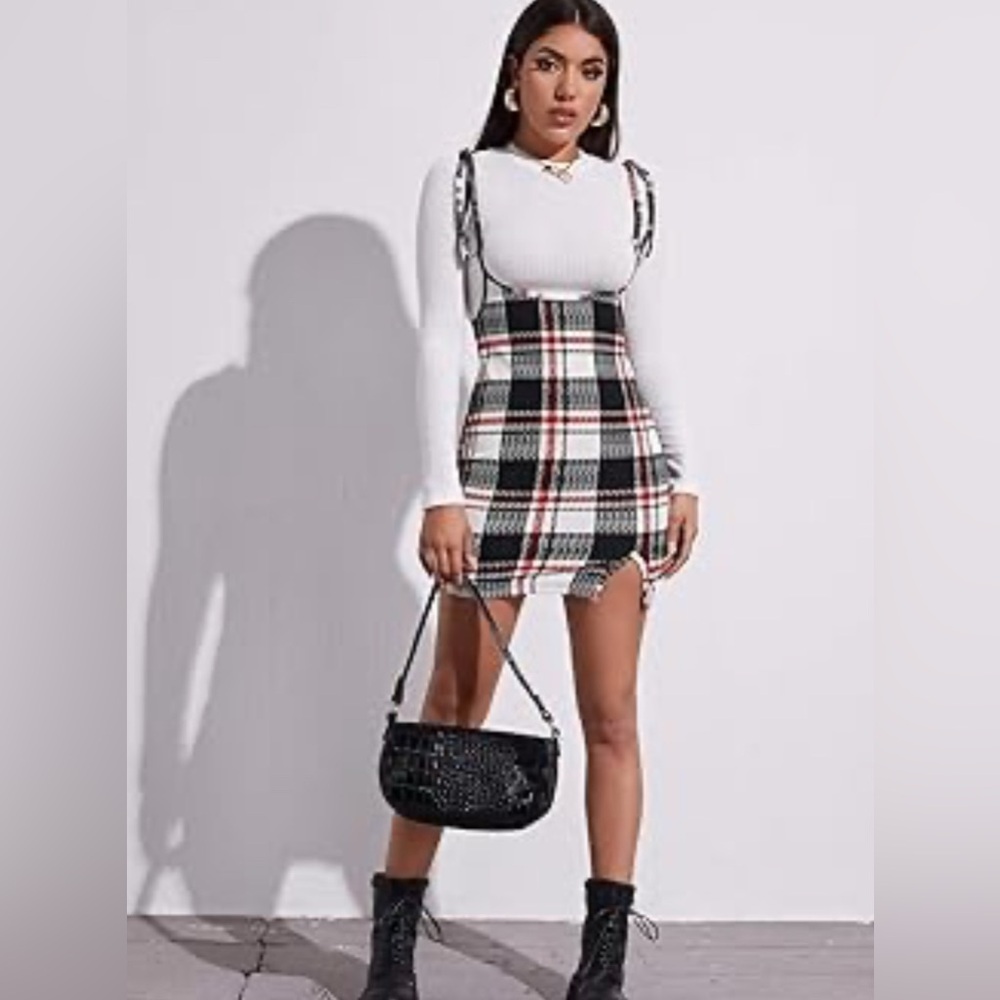 Woman’s school girl Black red plaid striped overalls dress mini